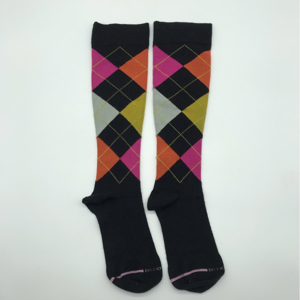 Dr Motion Mild Compression Socks Womens Black Colorful Argyle Fun Pattern Print